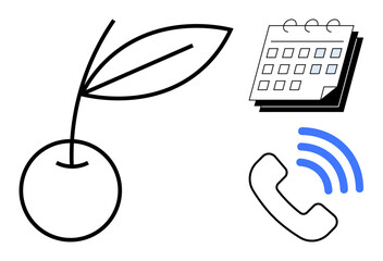 Black cherry with a green leaf beside a spiral-bound calendar and a phone emitting blue sound waves. Ideal for communication, productivity, scheduling, freshness, contact, organization, simple flat