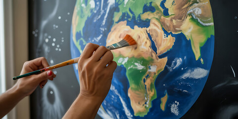 Hands paint a globe, depicting landmasses with vibrant colors against a starry backdrop.