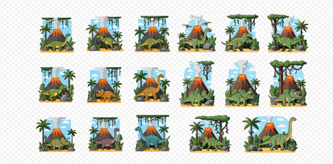 Collection of dinosaur themed illustrations with volcanoes and jungle.