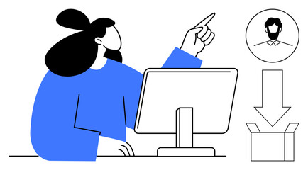 Woman at desk pointing at a profile on screen, with an arrow leading to a box. Ideal for data transfer, profile management, organization, storage, technology, teamwork and workflow. Simple flat
