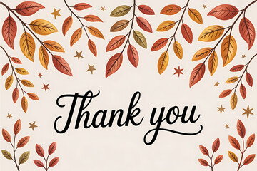 Autumn leaves in warm hues frame a delicate "Thank you" message, conveying gratitude.