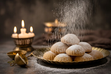 Sweet pastries dusted with powdered sugar sit on a golden plate, illuminated by candlelight.