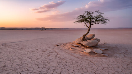 Lone tree stands resilient against cracked earth under a vibrant, colorful sunset sky.