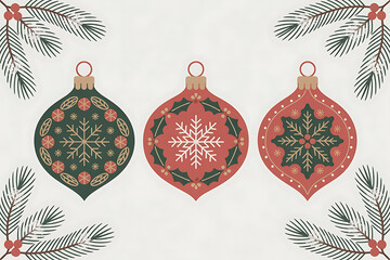 Festive ornaments in red, green, and gold, decorated with snowflakes and foliage, evoke holiday cheer.
