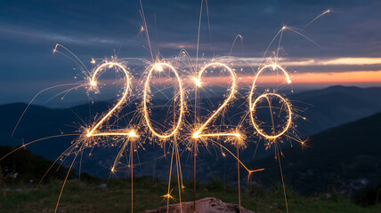 Sparkling fireworks form the number '2026' against a twilight mountain landscape, celebrating a new year.
