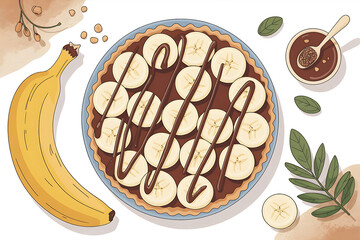 Delicious banana tart with chocolate drizzle, accompanied by a banana and rich sauce.