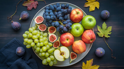 Abundance of fresh fruits�apples, grapes, figs�displayed on a plate, evoking autumn harvest.