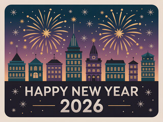 Naklejka premium Happy new year 2026 cityscape with fireworks and festive lights