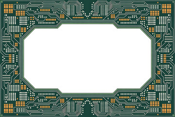 Intricate circuit board pattern with green and copper tones, forming a central empty space.