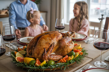 Festive table setting with roasted turkey, wine glasses, and family enjoying a meal.
