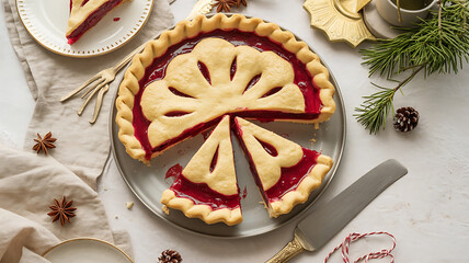 A delicious cranberry pie with a decorative crust, served with a knife and festive foliage.