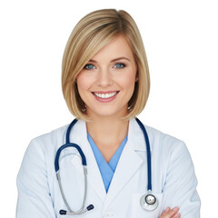 Fototapeta premium Smiling female medical professional wearing a white lab coat and stethoscope isolated on transparent background