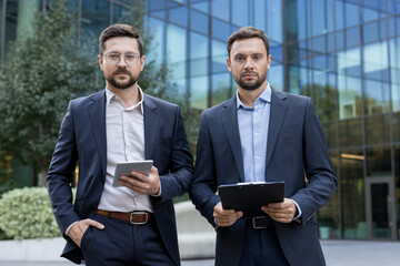 Two confident businessmen partners stand outside a modern glass office building, one with a digital...