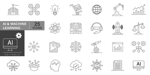 Minimalist AI and machine learning line icon set featuring user interface, business model, digital optimization, algorithm, BPM. Collection of vector line icons use for web, banner, poster and ads