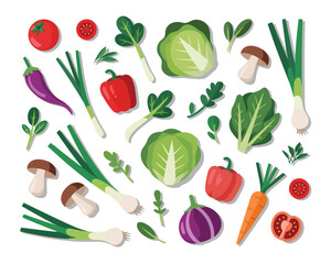 A vibrant collection of fresh vegetables and mushrooms arranged on a white background