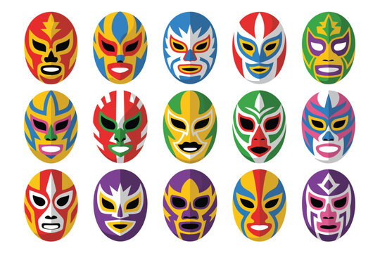 Collection of colorful and vibrant mexican lucha libre wrestling masks