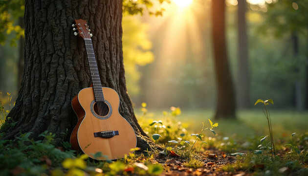 Acoustic guitar rests by tree in sunlit forest. Sunlight filters through trees illuminating ground. Concept of nature relaxation music woods scenic beauty outdoors instrumentation instrument folk.