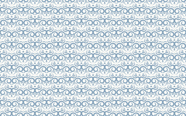 Ornate seamless pattern with blue swirls. Oriental cream background in Kazakh or Turkish style for use in home decor, wallpaper, bedding, or upholstery