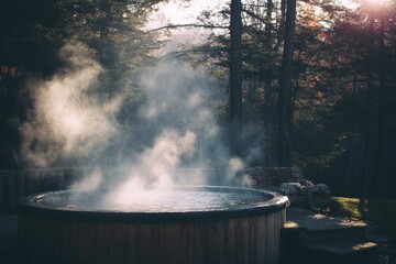 A serene hot tub sits surrounded by snow-covered trees and mountains