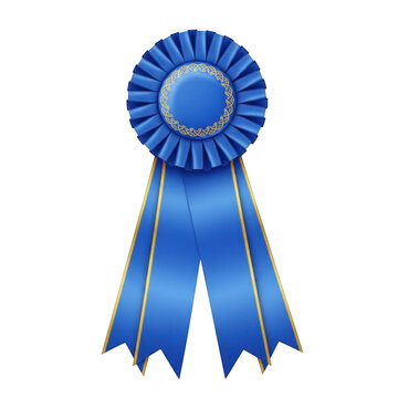A vibrant blue rosette ribbon award with golden edging isolated on transparent background for recognition and achievement