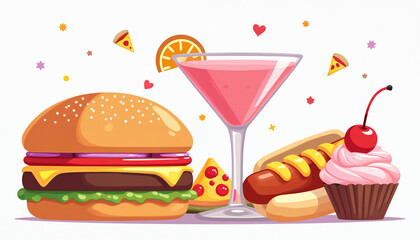 Colorful illustration features burger, pizza, hot dog, cupcake, and pink cocktail drink. Fun fast food party theme with decorative elements, perfect for celebrations or restaurant ads.