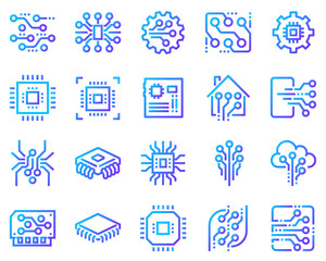 A simple set of abstract electronic vector line icons. Contains icons such as Spider Bot, Chip, Circuit, Abstract Electronic Module and more