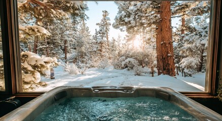 A serene hot tub sits surrounded by snow-covered trees and mountains