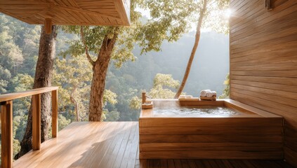 A wooden hot tub sits peacefully amid tall, green trees in a misty forest.