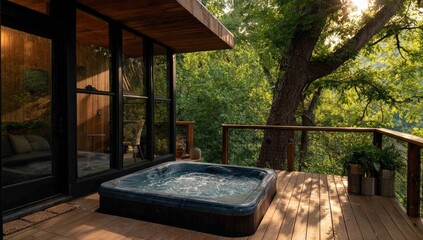 A wooden hot tub sits peacefully amid tall, green trees in a misty forest.