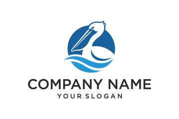 Elegant Blue Pelican Bird Logo Design in Circle with Water Waves