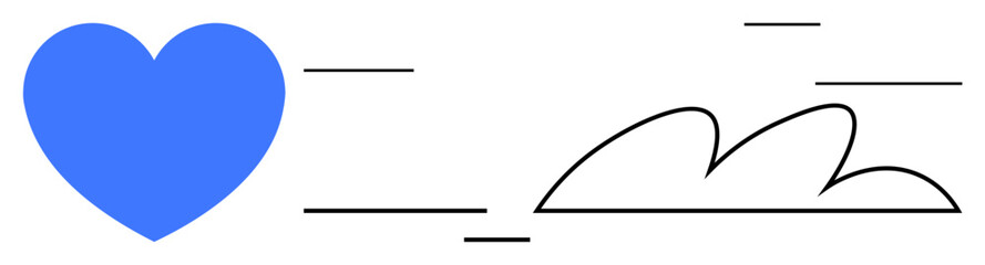 Blue heart next to simple black cloud lines and streaks, symbolizing love, motion, speed, and positivity. Ideal for concepts thumbs up connection, emotions, health, affection progress