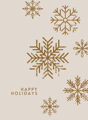 Festive greeting card design. Snowflakes falling, vintage grunge texture. Happy Holidays seasonal postcard. Holiday design with snow flakes pattern, snow winter poster. Grainy noise. Flat vector.