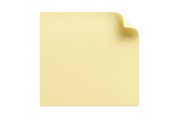Yellow sticky note paper reminding important tasks, blank square memo with curled corner, transparent background