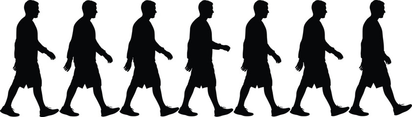 Human walking motion silhouette sequence, seven phases, long sleeves and shorts, flat vector, isolated, cad drawing