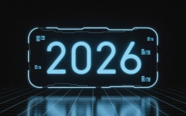 Glowing neon 2026 display futuristic technology interface perfect for new year presentations and technology concepts