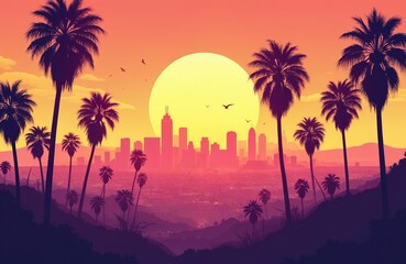 Obraz premium Los Angeles city skyline at sunset with palm trees. Urban landscape of California. Cityscape view with tall buildings and tropical trees. Sunset over city with mountains in background.