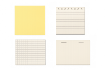 Set of different blank paper notes and sticky memo pads, useful for reminders and messages, transparent background