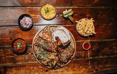 A plate of food with a variety of meats and vegetables