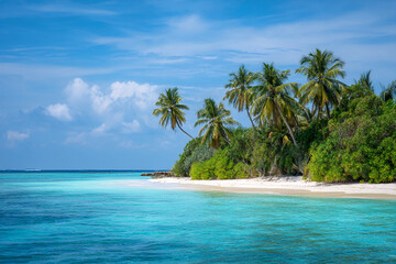 Tropical island with a paradise beach with yellow sand and coconut palm trees. Turquoise ocean near sandy coast on sunny summer day. Summer holidays and tropical beach concept, Relax on an empty sea.