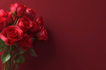 Bright Red Roses Arranged on a Maroon Background for a Romantic Occasion or Celebration