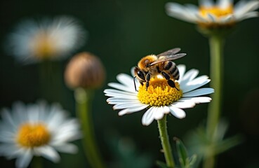 Obraz premium Close up photo shows bee on daisy flower. Insect collects nectar from white petals yellow center. Plants grow outdoors during summer in sunny garden.