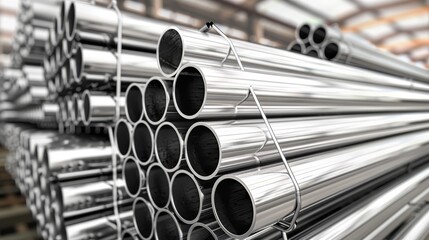 3d illustration of stacked steel pipe tubes in a warehouse setting within a factory environment
