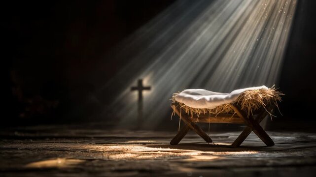 Nativity scene with gentle light illuminating a manger and cross in a dark setting