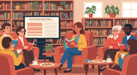 Engaging book club gathering with diverse participants in a cozy library setting