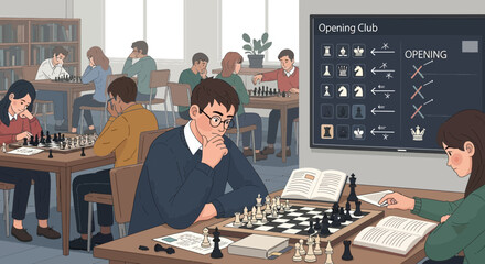 Illustration of a chess club scene, focused on strategy and intellectual engagement