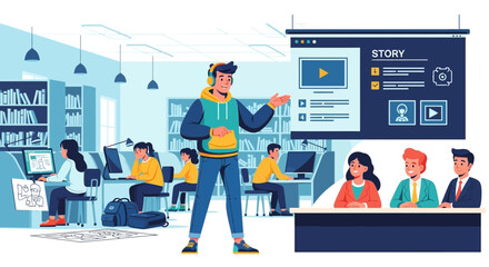 Digital storytelling workshop with presenter and engaged audience in library