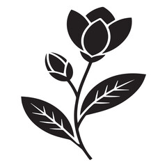 Elegant silhouette of a magnolia flower with a bud and leaves, isolated on white background the design is simple, clean, and modern, perfect for logos, icons, and botanical illustrations