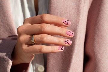 Elegant Nail Design With Pink Polish and Black Geometric Patterns for Stylish Hands