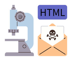 Microscope examining threats alongside an envelope containing a skull-and-crossbones image and HTML text. Ideal for cybersecurity, risk analysis, malware detection, hacking prevention, spam