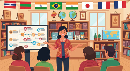 Engaging lecture with diverse students in vibrant and inclusive classroom setting